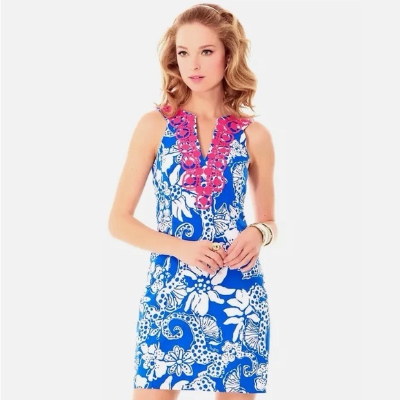 Lily Pulitzer Blue & White Tropical Fit Flare Dress Hot Pink Lace Trim | Size 2 - Picture 1 of 6